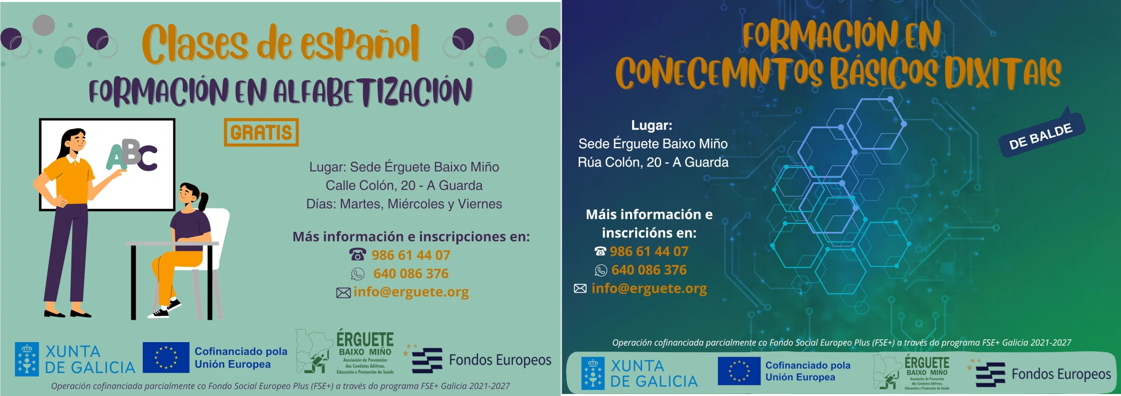 Cartel de cursos gratuitos en A Guarda: Clases de español y alfabetización, y Formación en coñecementos básicos dixitais de Érguete Baixo Miño.